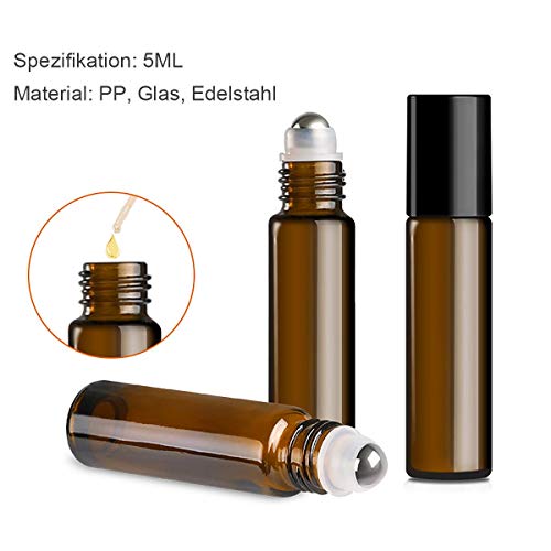 24 botellas vacías de cristal de 5 ml con roll-on de color marrón, con bolas de acero inoxidable, para aceites esenciales, mezclas de aromaterapia, perfume, masaje (24 unidades)