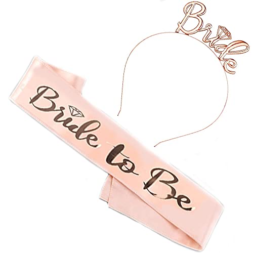 2PCS Despedida de Soltera Accesorios, Bride to Be, Adorno Fiesta Novia Banda Faja Satén Tiara Decorativa Oro Rosa Decoración para Disfraces antes de Boda Amigas Mujer Hombre.