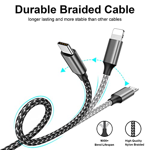 3 en 1 Multi Cable de Carga, [1.2M] Multi USB Cargador Cable Nylon Múltiples Micro USB Tipo C para Android Samsung Galaxy S9/ S8/ S7/ A5, Huawei P20, Honor, Kindle, LG, Son-Gris