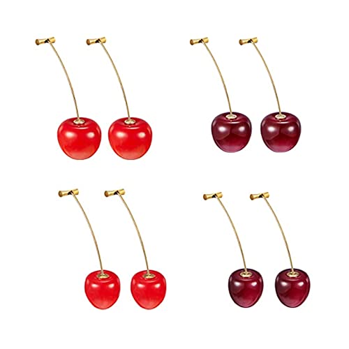 4 Pares de Aretes de Cereza, Aretes de Cereza Dulce, Aretes Colgantes de Cereza, Pendientes pequeños de cereza, Aretes a Juego para Mujeres y Niñas (Rojo, Burdeos)