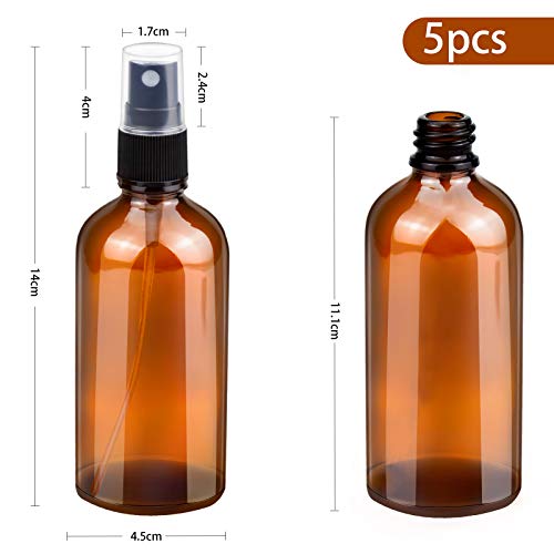 5 botellas de spray hechas de vidrio marrón, botellas de vidrio ámbar de 100 ml con atomizador negro, recargable, botella de niebla fina con atomizador vacío, recipiente líquido, botella de viaje