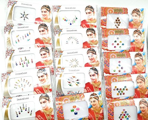 5 x Different bindi Packs, reutilizables India Bindis temporal etiqueta frontal pegatinas bollywood Tattoos Tika Stone frente cabeza joyas diamantes Halloween chandal festival