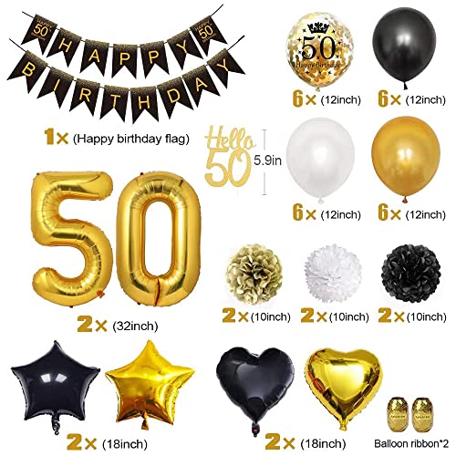 50 Años Decoracion Cumpleaños Oro Negro, Decoracion Fiesta 50 Cumpleaños, Globos 50 Cumpleaños, Pompones de Papel para 50 cumpleaños Hombres Mujeres Adultos feliz Decoración Reutilizable