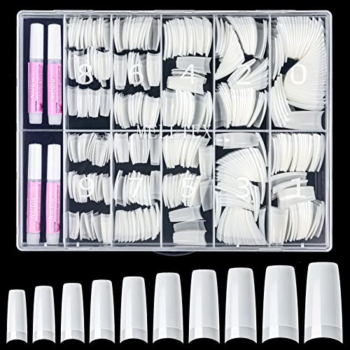 500 Piezas Kit de Uñas Postizas Acrilico Tips Uñas de Falsas Artificiales Puntas de Uñas Francesas con 4 Piezas Pegamento de Uñas para Uñas de Gel Diseño de Uñas, Natural