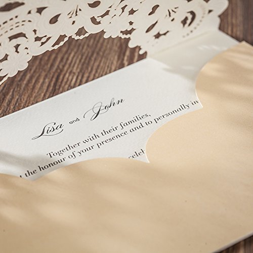 50pc Las invitaciones de boda WISHMADE, combinadas con sobres de RSVP y tarjetas de agradecimiento, Gold Shimmer Pearl Laser Cut invitan a los juegos, con Rhinestone Flora & Lace