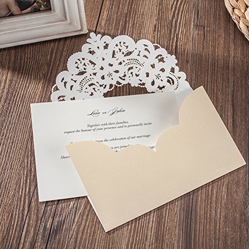 50pc Las invitaciones de boda WISHMADE, combinadas con sobres de RSVP y tarjetas de agradecimiento, Gold Shimmer Pearl Laser Cut invitan a los juegos, con Rhinestone Flora & Lace