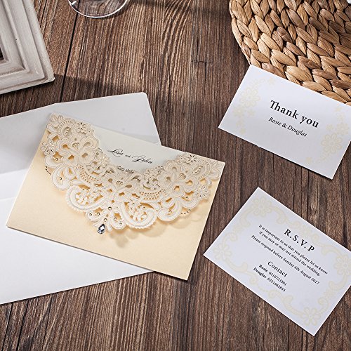 50pc Las invitaciones de boda WISHMADE, combinadas con sobres de RSVP y tarjetas de agradecimiento, Gold Shimmer Pearl Laser Cut invitan a los juegos, con Rhinestone Flora & Lace