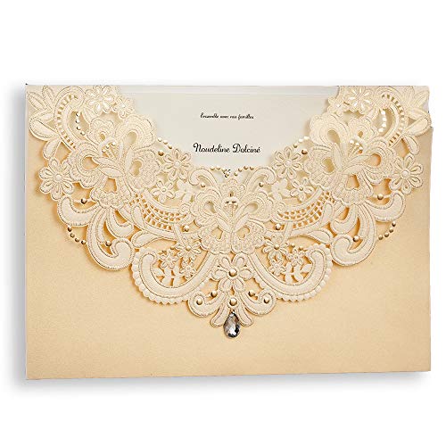 50pc Las invitaciones de boda WISHMADE, combinadas con sobres de RSVP y tarjetas de agradecimiento, Gold Shimmer Pearl Laser Cut invitan a los juegos, con Rhinestone Flora & Lace