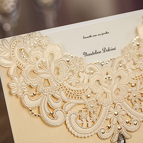 50pc Las invitaciones de boda WISHMADE, combinadas con sobres de RSVP y tarjetas de agradecimiento, Gold Shimmer Pearl Laser Cut invitan a los juegos, con Rhinestone Flora & Lace