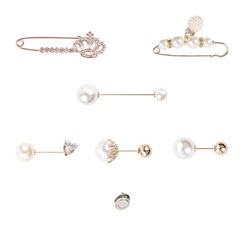 7 Piezas Pin de Broche de suéter, Clips para Chal de Mujer Alfileres de Broche de Perlas de imitación Broche De Oro con Perla Broche Corona para Mujeres niñas Dama Accesorio de Disfraz