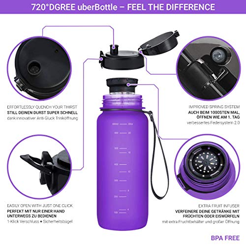 720°DGREE Botella de Agua uberBottle – 350 ml, 350ml, Lila, Violeta | Novedosa Botella Deportiva | Sin BPA | Ideal para niños, Fitness, Deportes, fútbol, guardería, Escuela, pequeños, antigoteo