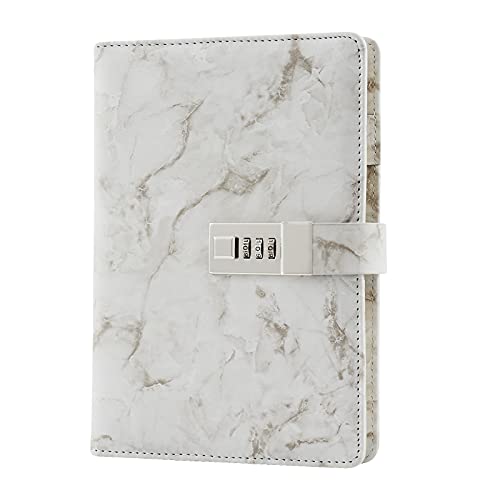 A5 Blocs y cuadernos con cerradura, Mármol de cuero PU Cuaderno de Contraseña de notas Cuaderno diario creativo con portalápices para hombre, mujer, adolescente, 192 páginas (8,38 x 5,65 pulgadas)