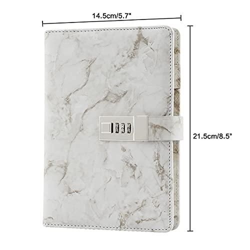 A5 Blocs y cuadernos con cerradura, Mármol de cuero PU Cuaderno de Contraseña de notas Cuaderno diario creativo con portalápices para hombre, mujer, adolescente, 192 páginas (8,38 x 5,65 pulgadas)