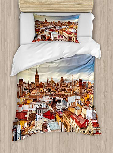 ABAKUHAUS Ciudad Vieja Casas Funda Nórdica, Valencia, España Ver, Decorativo 2 Piezas con 1 Funda de Almohada, 130 x 200 cm - 70 x 50 cm, Multicolor