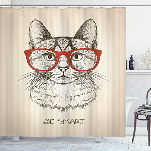 ABAKUHAUS Hipster Cortina de Baño, Gato con Gafas Retro, Material Resistente al Agua Durable Estampa Digital, 175 x 240 cm, Verde Oliva Vermilion