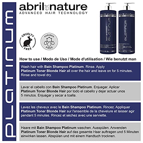 abril et nature - Bain Shampoo Platinum - Champú Matizador Violeta - 1000 ml - Para Matizar Cabellos Grises o Decolorados - Tratamiento Capilar con Queratina - Elimina Reflejos Amarillos Indeseados