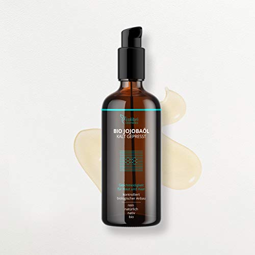 Aceite de jojoba puro al 100 % 100ml - prensado en frío - para tener un pelo saludable, piel suave y uñas fuertes - adecuado para el rostro - envase protegido del sol - fabricado en Alemania