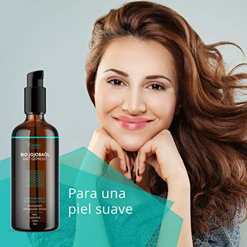 Aceite de jojoba puro al 100 % 100ml - prensado en frío - para tener un pelo saludable, piel suave y uñas fuertes - adecuado para el rostro - envase protegido del sol - fabricado en Alemania