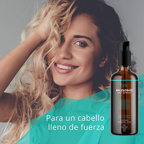 Aceite de jojoba puro al 100 % 100ml - prensado en frío - para tener un pelo saludable, piel suave y uñas fuertes - adecuado para el rostro - envase protegido del sol - fabricado en Alemania