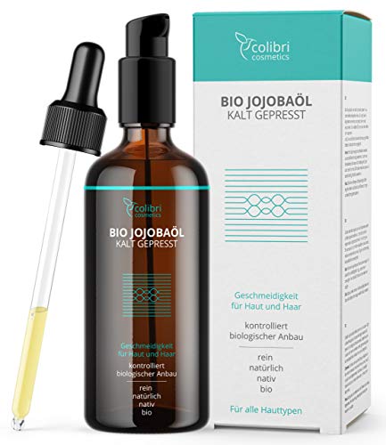 Aceite de jojoba puro al 100 % 100ml - prensado en frío - para tener un pelo saludable, piel suave y uñas fuertes - adecuado para el rostro - envase protegido del sol - fabricado en Alemania