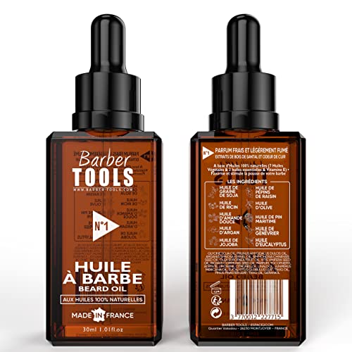 Aceite para barba | N°1 | con aceites 100% naturales 30ml - Promueve el crecimiento de la barba - Con aceite de RICIN, 7 aceites vegetales y 3 aceites esenciales y vitamina E - BARBER TOOLS -