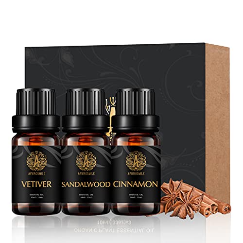 Aceites esenciales de aromaterapia Set - 100% puro de sándalo canela Vetiver aceites esenciales Kit, grado terapéutico aromaterapia sándalo aceites perfumados fijó para el difusor, masaje 3x10 ml