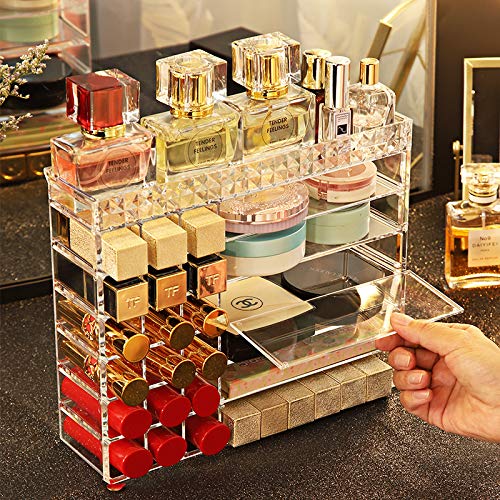 Aerbee Organizador de Maquillaje Acrílico, Cajas Almacenamiento Maquillaje Transparente para Pintalabios Cosmético Crema Brochas Maquillaje Pintauñas Ideas Regalo San Valentín Mujer