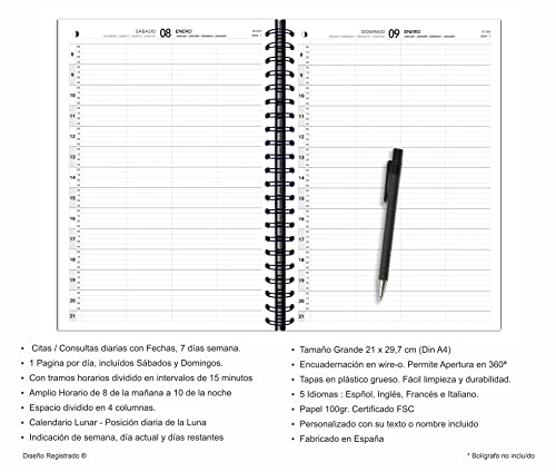 Agenda citas 2022. Con fechas.365 Días. Intervalos cada 15 minutos, 8 mañana a 10 noche. Tamaño A4 Personalizado con su texto o logo. Agenda citas profesional, peluquerías, estética,médicos.