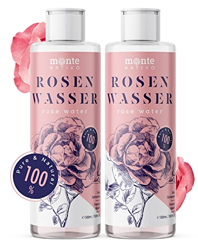 Agua de rosas pura MonteNativo, 2 unidades de 500 ml (1000 ml) 1 litro – 100% natural, tónico facial puro y natural, hidrolato de rosas natural, doble destilación al vapor de agua, agua rosa