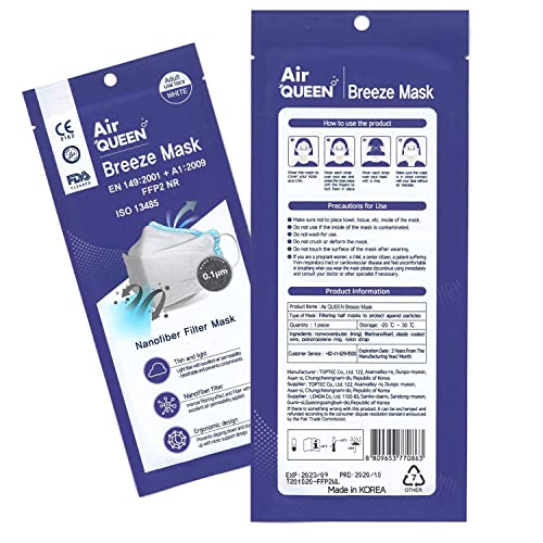 Air Queen Breeze Mask Mascarillas FFP2 Homologadas Nanofibras Nanotecnología CE FFP NR EN149:2001 + A1:2009 ISO 13485 – 25 Horas de Protección – Pack de 100 Mascarillas en Blisters Individuales