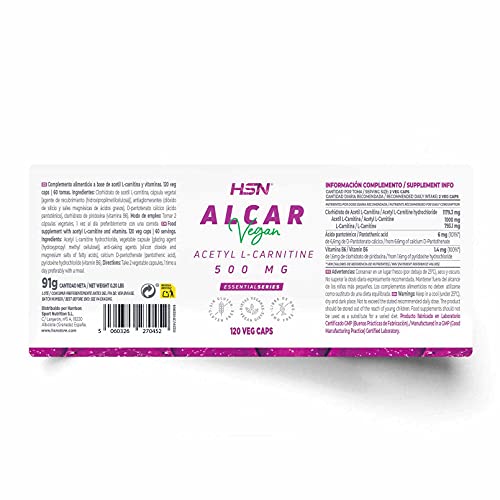 ALCAR de HSN | 120 Cápsulas Vegetales 1000 mg de Acetil L Carnitina por Dosis Diaria | Suministro 2 Meses | Con Vitamina B5 y B6 | No-GMO, Vegano, Sin Gluten