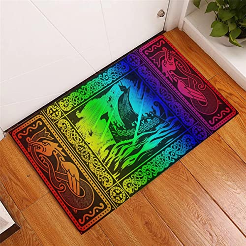 Alfombra Puerta Antideslizante Viking Celtic Drakkar Rainbow 3D Felpudo con Estampado Completo Alfombrillas Antideslizantes para Puerta Alfombrillas Decorativas para Porche Regalos decoración hogar