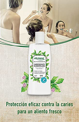 alkmene Enjuague bucal con agua de menta orgánica - Proteccion 6 veces mayor contra la caries y el sarro - Sin alcohol, siliconas, parabenos, PEGs, SLS ni SLES - 3x 500 ml