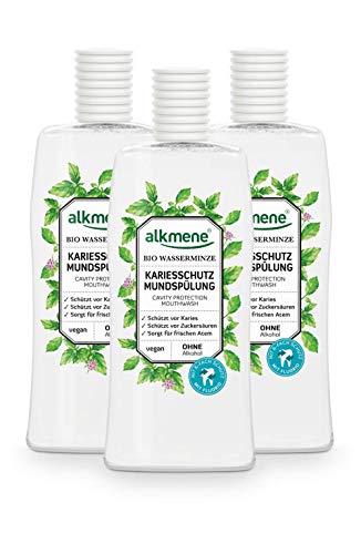 alkmene Enjuague bucal con agua de menta orgánica - Proteccion 6 veces mayor contra la caries y el sarro - Sin alcohol, siliconas, parabenos, PEGs, SLS ni SLES - 3x 500 ml