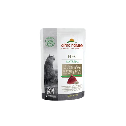 Almo Nature Comida Húmeda para Gatos Natural de Atún y Anchoas (24 Sobres x 55g). Alimento para Gatitos Gourmet Monoproteíco HFC Cuisine. Snack Complementario sin Gluten, 55 g