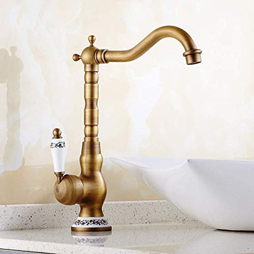 Alto Retro Grifo BañO Lavabo Griferia de Bronce,Mango de CeráMica Alto-CañO Giratorio Grifo Fregadero Monomando de BañO o Cocina (LatóN Antiguo）