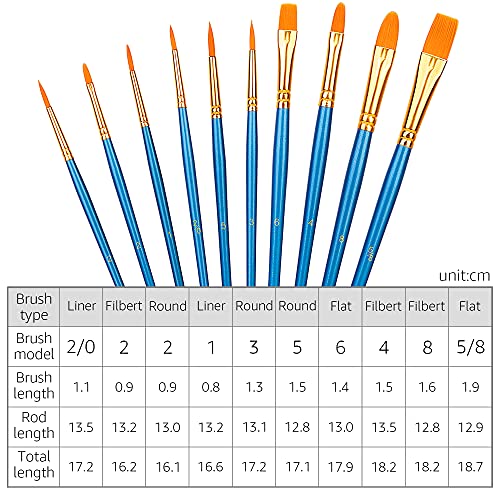 Amazon Basics - Juego de pinceles para pintar, 10 tamaños diferentes, para artistas, adultos y niños