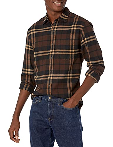 Amazon Essentials - Camisa de franela a cuadros de manga larga y ajuste regular para hombre, Marrón (Brown Plaid), US M (EU M)