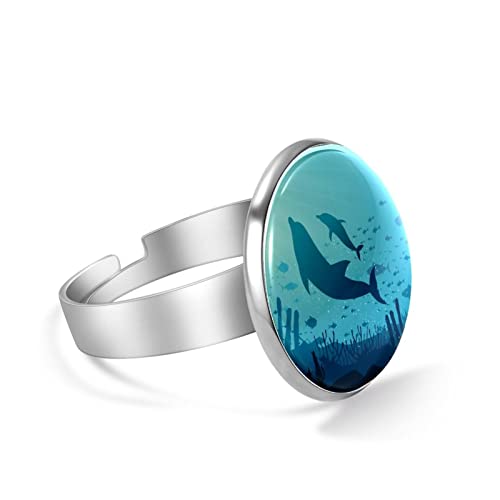 Anillos de dedo ajustables para mujeres, niñas, hombres, lindos, delfines, azul océano fondo