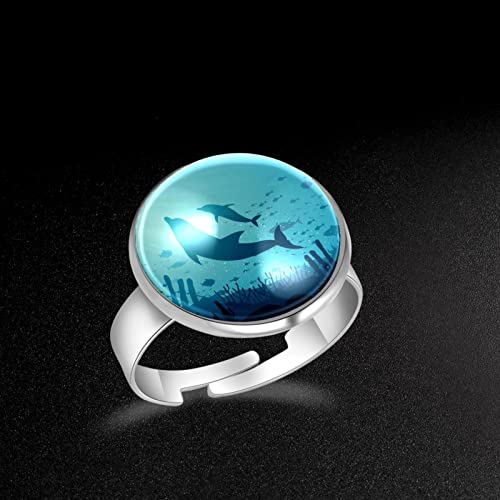 Anillos de dedo ajustables para mujeres, niñas, hombres, lindos, delfines, azul océano fondo