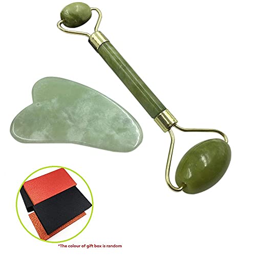 Anself Rodillo y raspado de Jade con gua sha con funda protectora para el cuidado de la piel facial Conjunto antiedad de piedra de jade facial