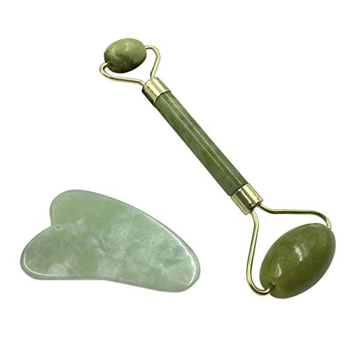 Anself Rodillo y raspado de Jade con gua sha con funda protectora para el cuidado de la piel facial Conjunto antiedad de piedra de jade facial