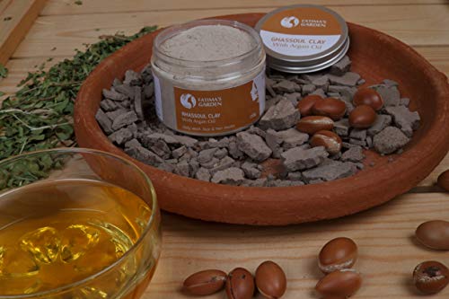 Arcilla Rhassoul de Fatima’s Garden, arcilla Ghassoul marroquí enriquecida con aceite de argán y eucalipto para rostro, cabello, y hammam, propiedades suavizantes y purificantes-1000gr