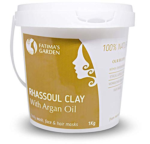 Arcilla Rhassoul de Fatima’s Garden, arcilla Ghassoul marroquí enriquecida con aceite de argán y eucalipto para rostro, cabello, y hammam, propiedades suavizantes y purificantes-1000gr