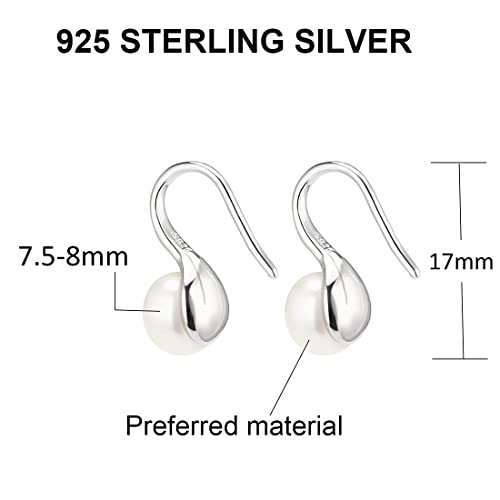 Aro de plata de ley 925 escogido a mano AAA + calidad 7,5-8 mm pendientes colgantes de perlas blancas de agua dulce para mujeres y niñas