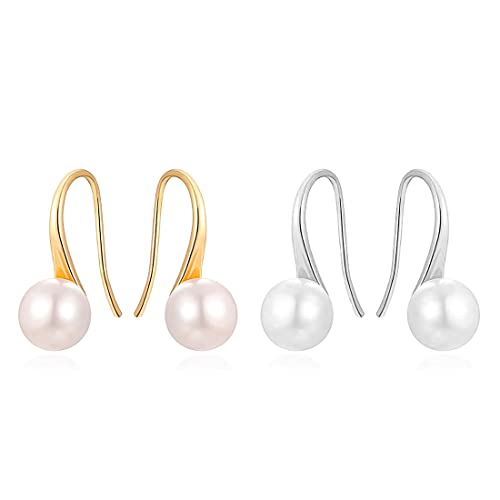 Aro de plata de ley 925 escogido a mano AAA + calidad 7,5-8 mm pendientes colgantes de perlas blancas de agua dulce para mujeres y niñas