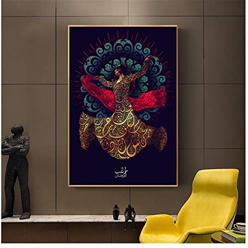 Arte árabe Cartel e impresión Pintura sobre lienzo Sufismo islámico Derviche giratorio Imagen Mulism Dance Girl Religión Decoración-60x90cm Sin marco