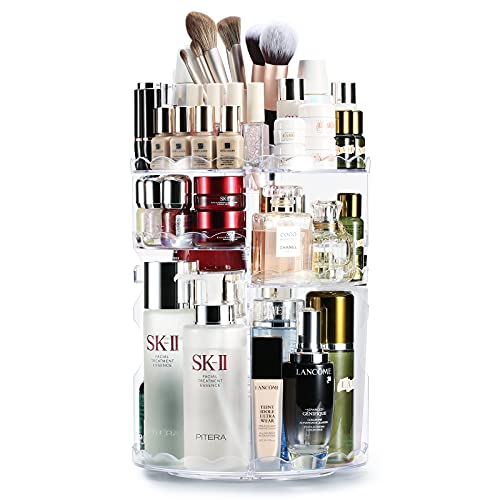 Auxmir Organizador de Maquillaje de Giratorio 360 Grados, Organizador de Cosméticos con Rotación, Ajustable, Caja Cosmética de Maquillaje con Múltiples Funciones, Ondulado, Transparente