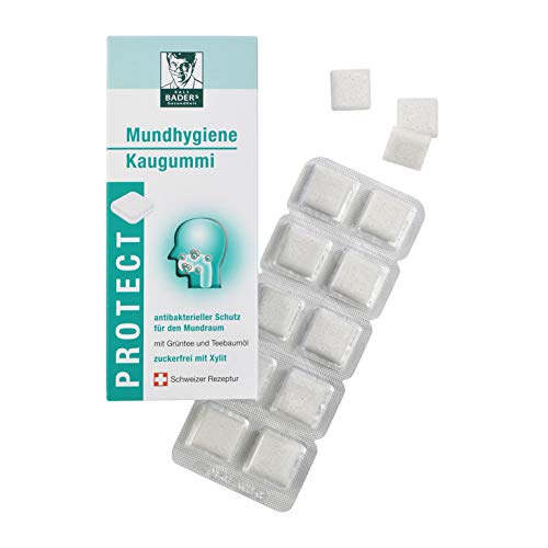 BADERs de la farmacia. Los chicles de higiene bucal. Protección antibacteriana para la boca con aceite de árbol de té, té verde y xilitol. 3 x 20 cuadrados de goma de mascar