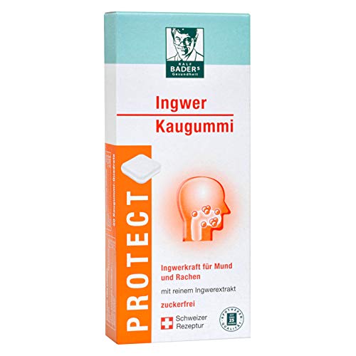 BADERs PROTECT el chicle de jengibre de la farmacia. Con las sustancias picantes de los gingeroles. También es ideal cuando se viaja. Sabor a jengibre y naranja. 3x20 pieza. Producto suizo